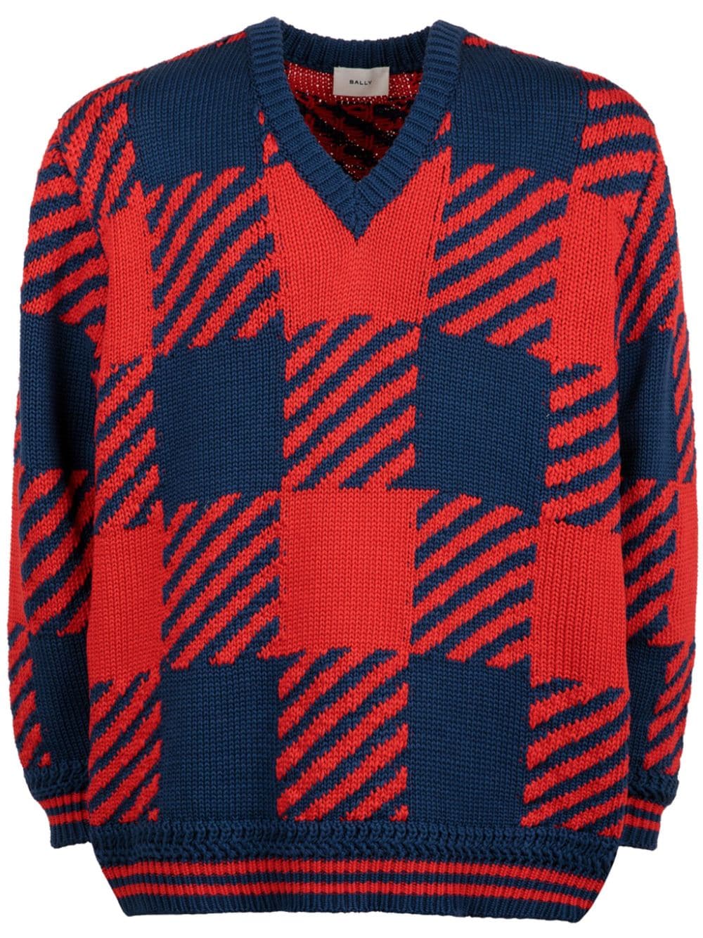 Bally Checked V-neck Cotton Jumper In Blue
