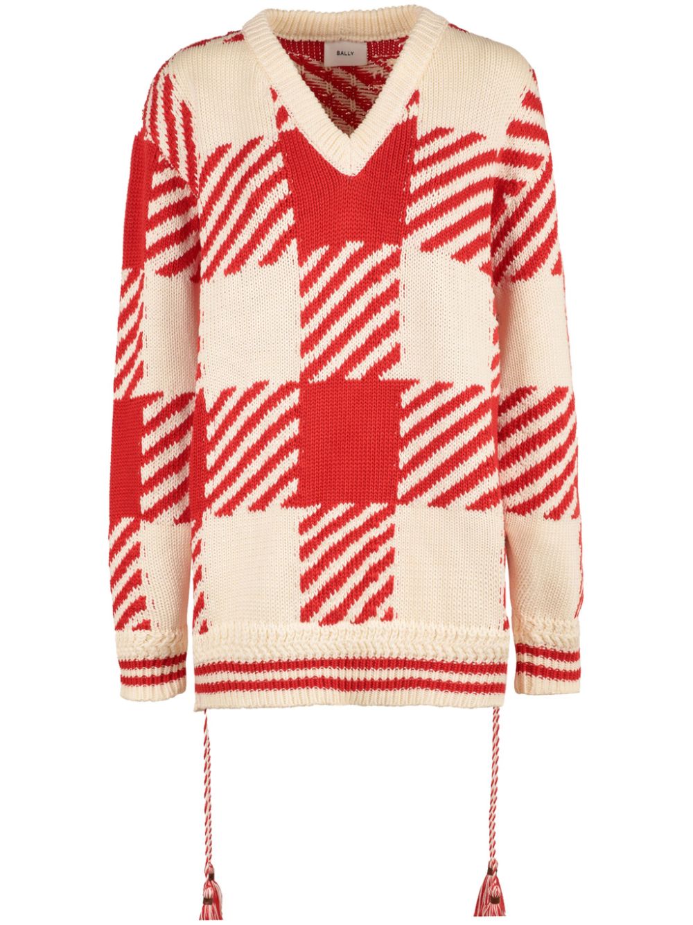 Bally V-neck Checked Cotton Jumper In Red
