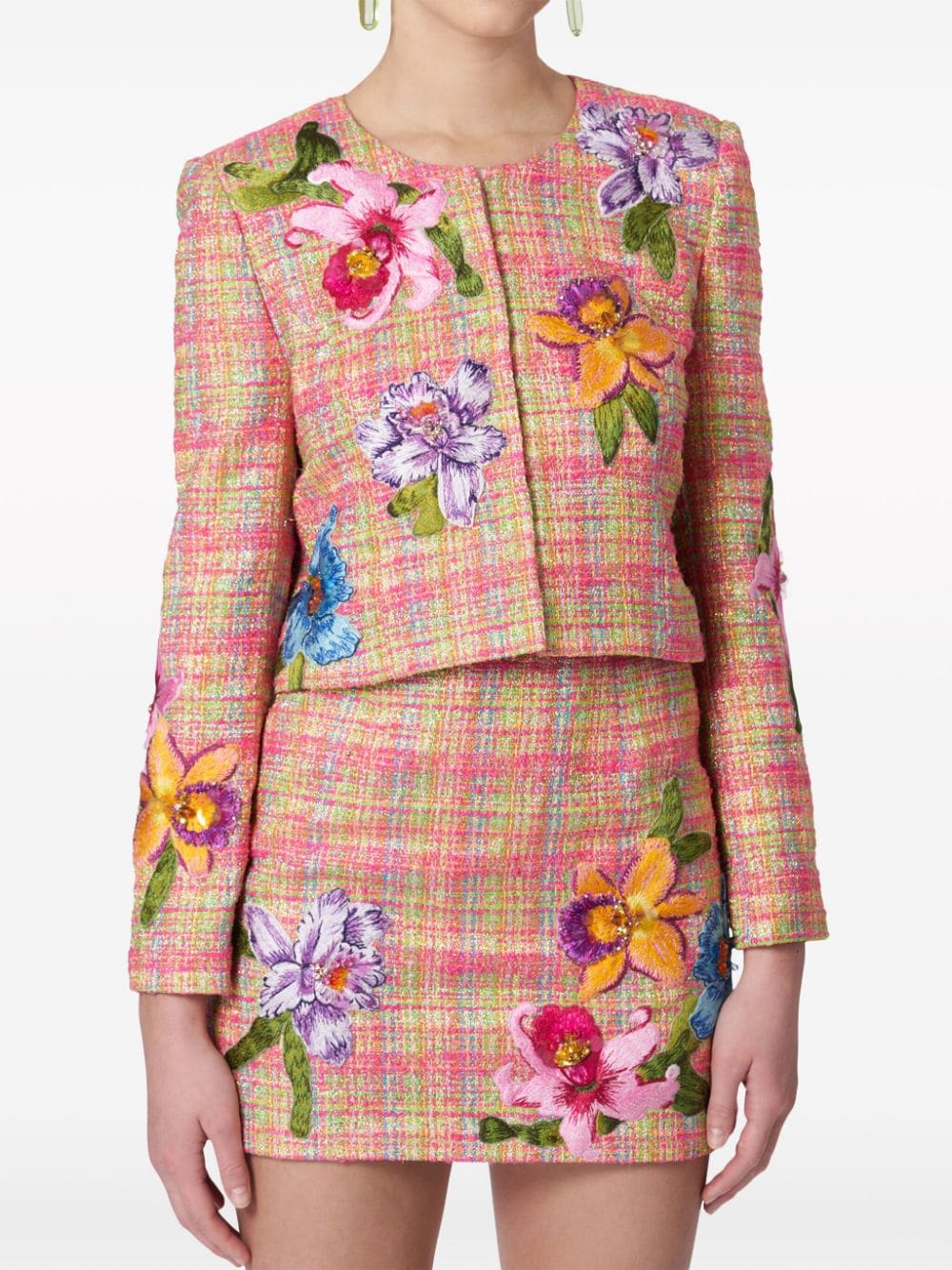Shop Carolina Herrera Floral-embroidered Tweed Jacket In Pink