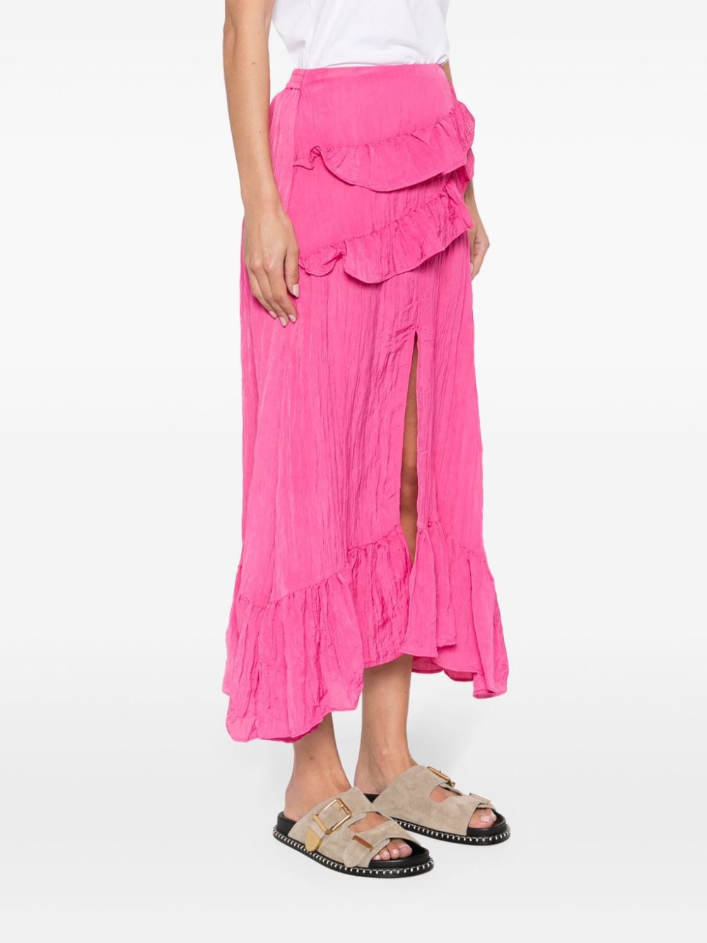 Shop Maje Crinkled-finish Midi Skirt In Pink