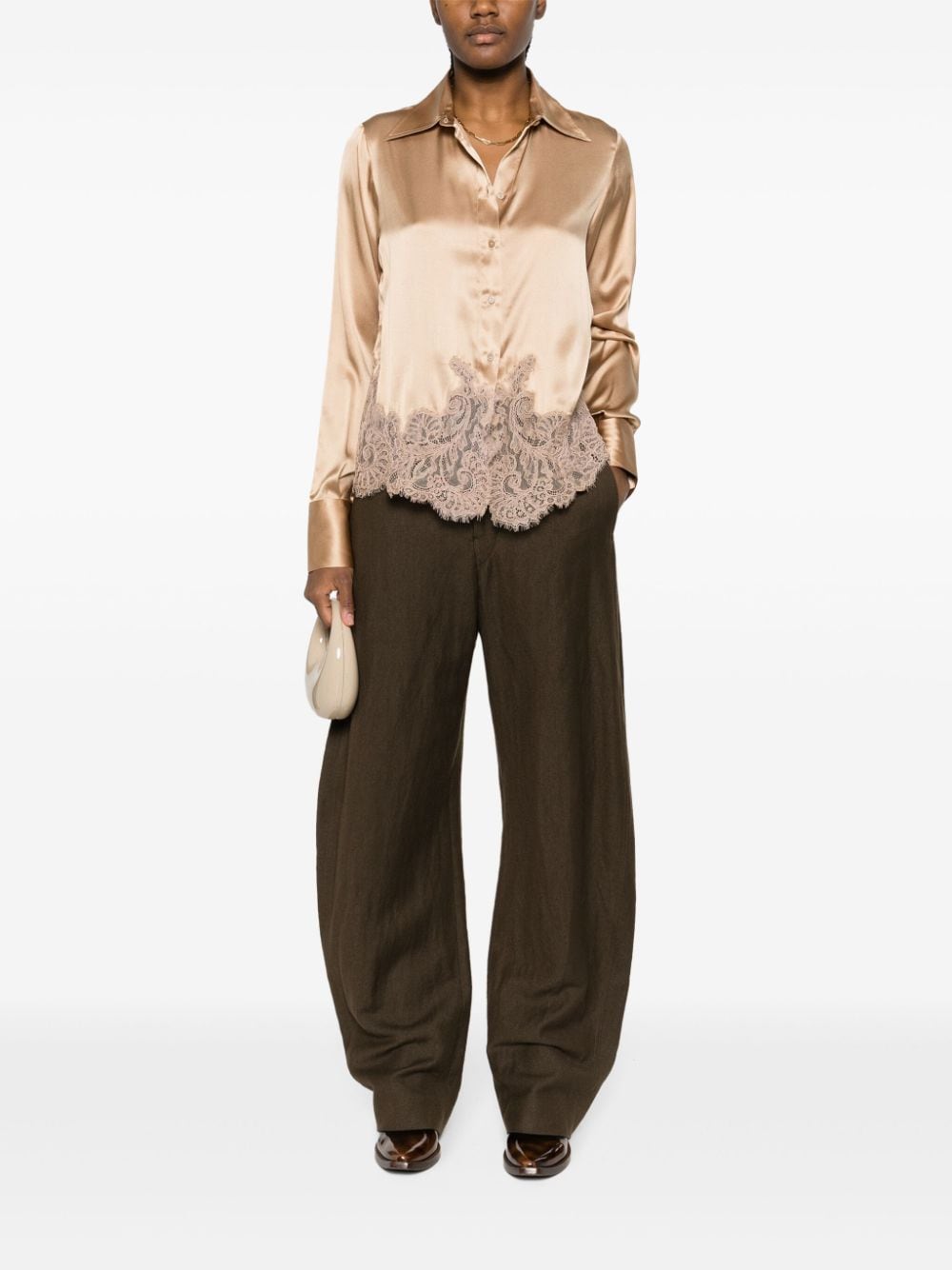 Ermanno Scervino lace-trim silk blouse - Bruin