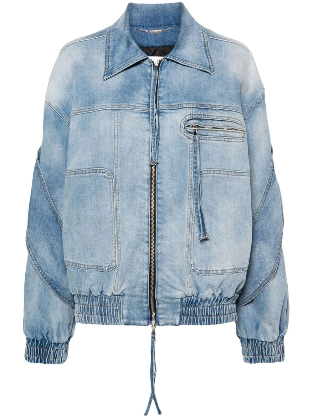 Blumarine Stretch Denim Zip Bomber Jacket In Blue