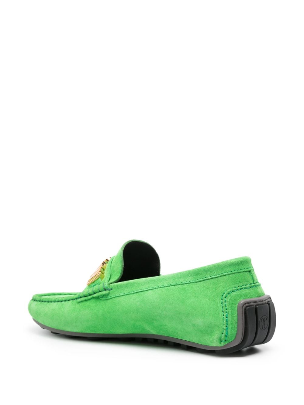 Shop Moschino Logo-embellished Suede Loafers In Green