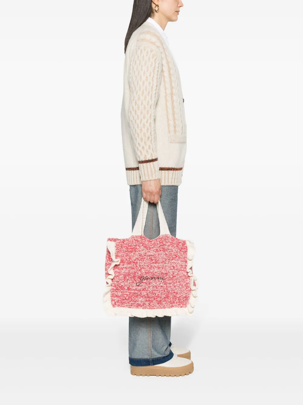 GANNI logo-embroidered ruffle tote bag - Rood