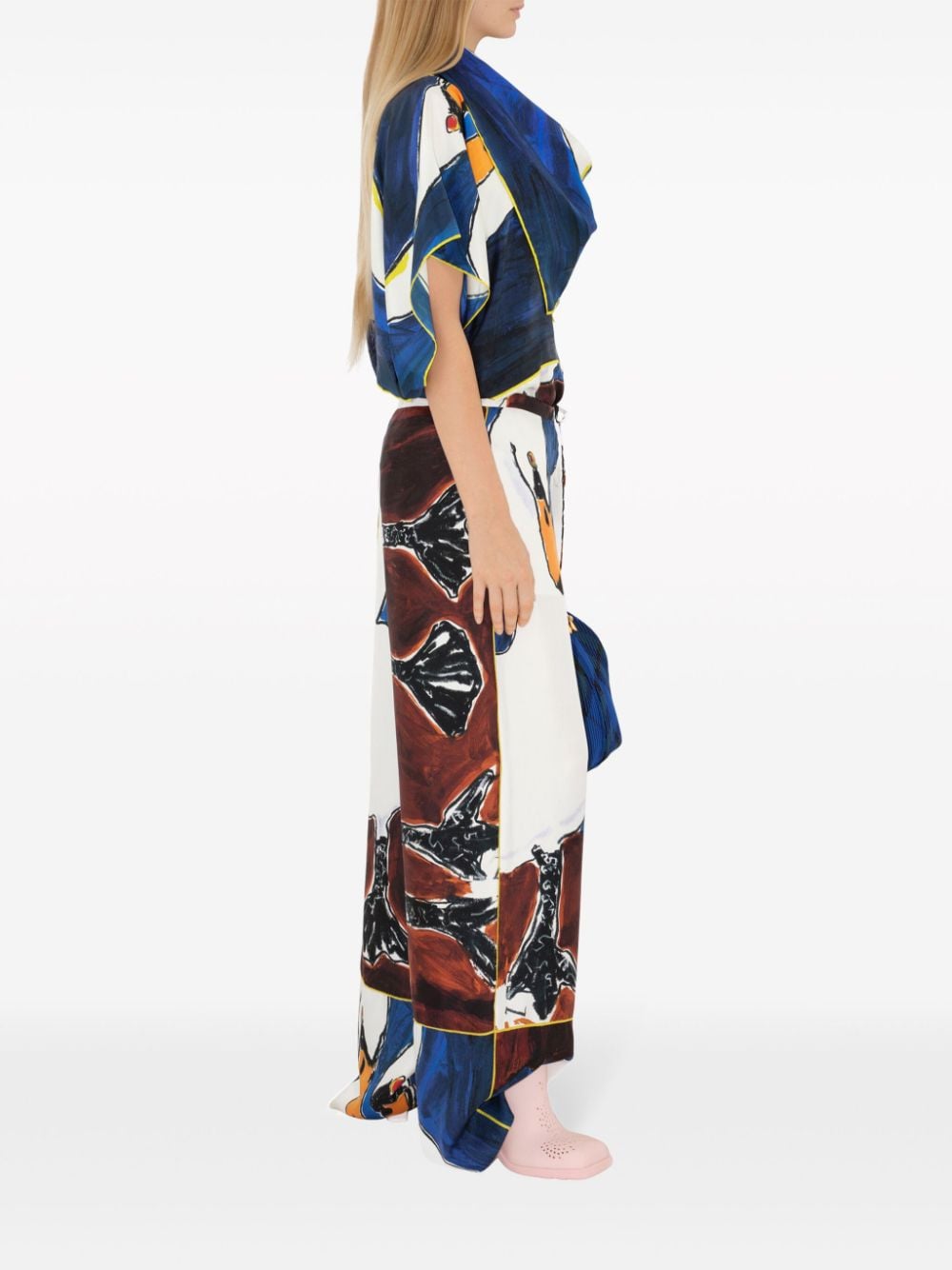 Shop Burberry Swan-print Hooded Silk Blouse In Blue
