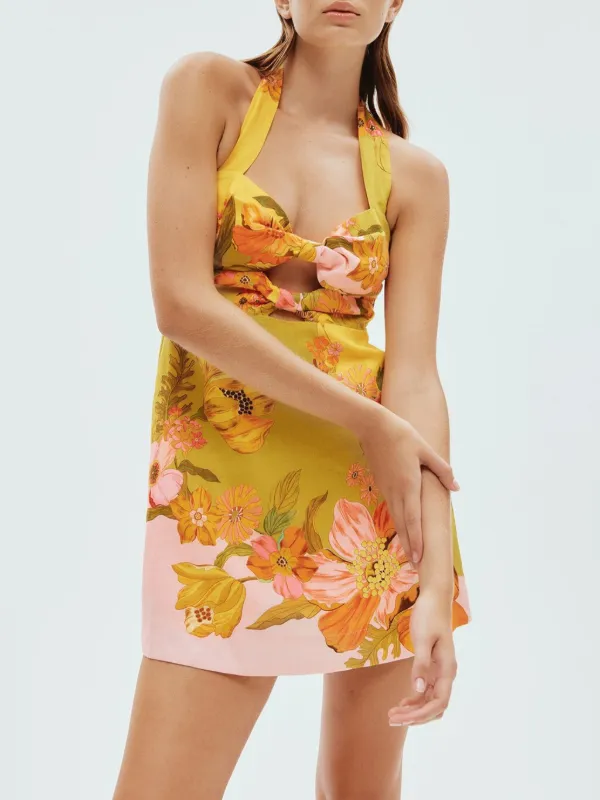 silas halter mini dress alemais floral-print Linen Minidress | Yellow Style: Cowl Neck