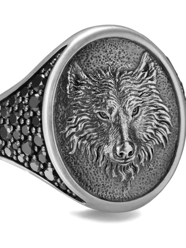 David Yurman Sterling Silver Petrvs Wolf Diamond Signet Ring (21.5