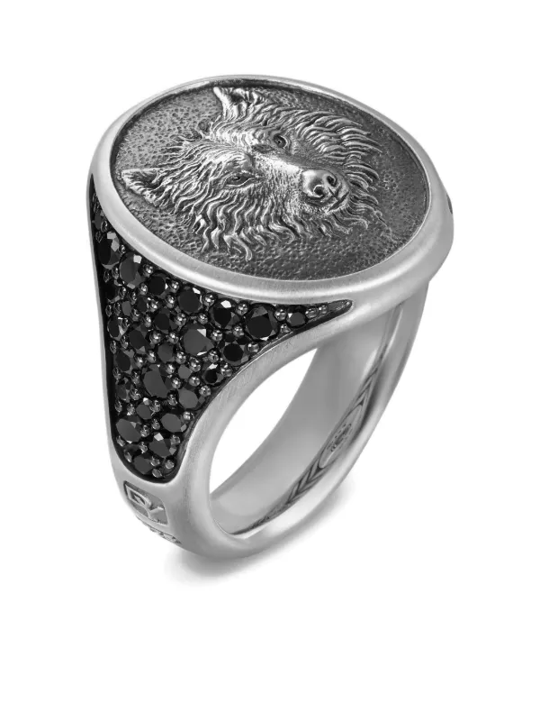 David Yurman Sterling Silver Petrvs Wolf Diamond Signet Ring (21.5