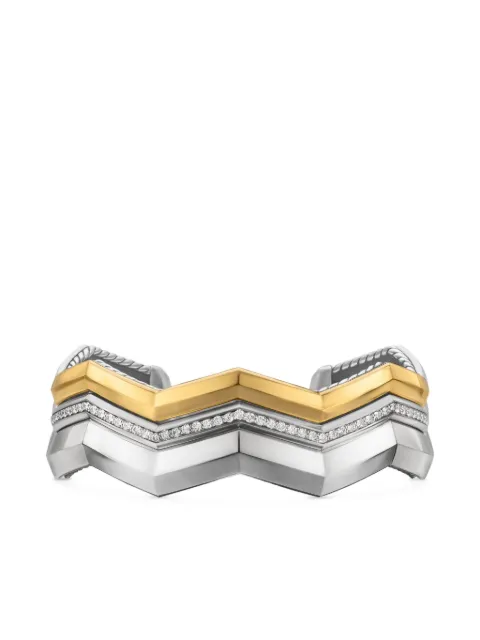 David Yurman 18kt yellow gold and sterling silver Zig Zag Stax™ Three Row diamond cuff bracelet (17.4mm)