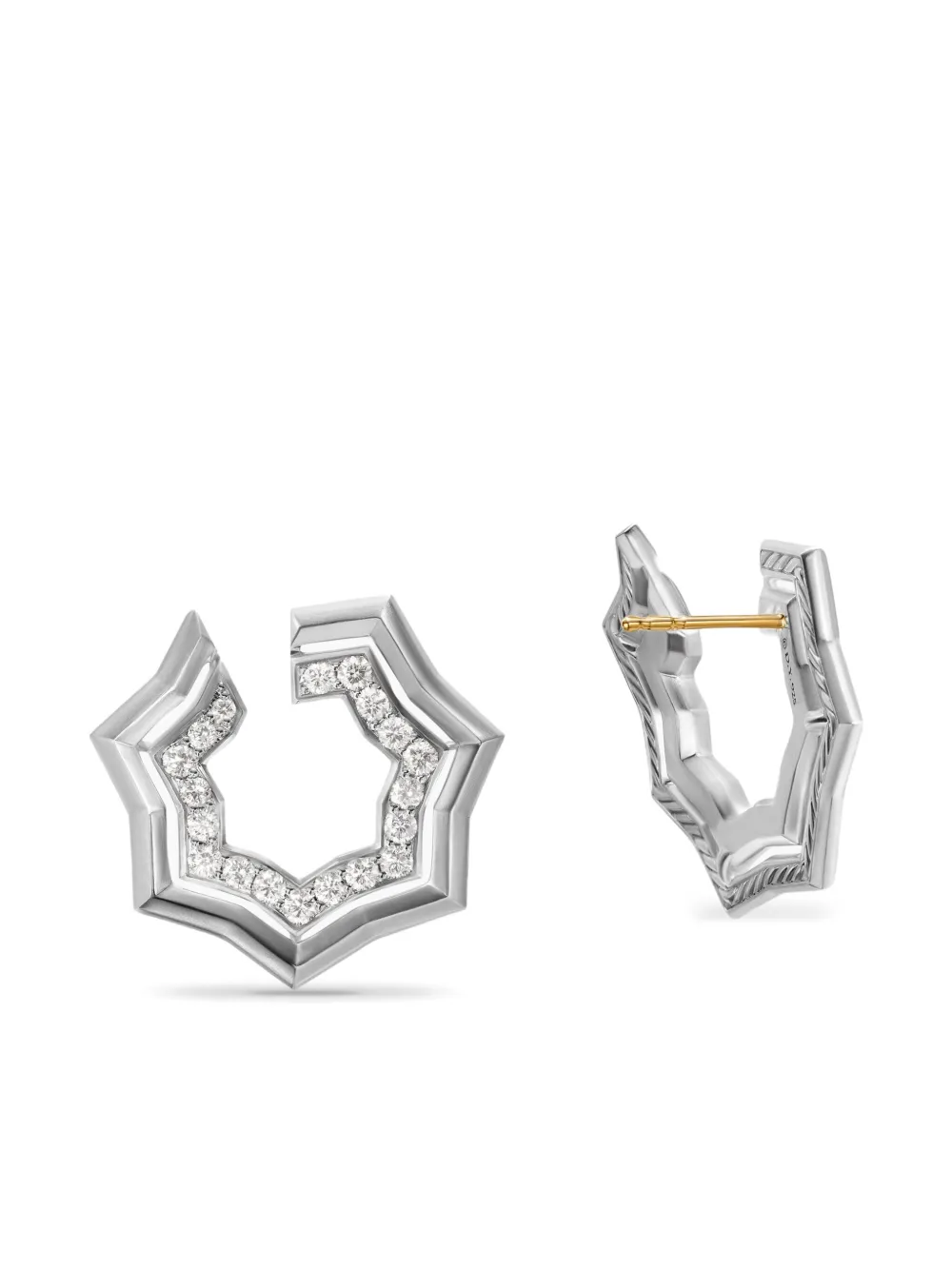  David Yurman Sterling Silver Zig Zag Stax Two Row Diamond Hoop Earrings (27mm) 