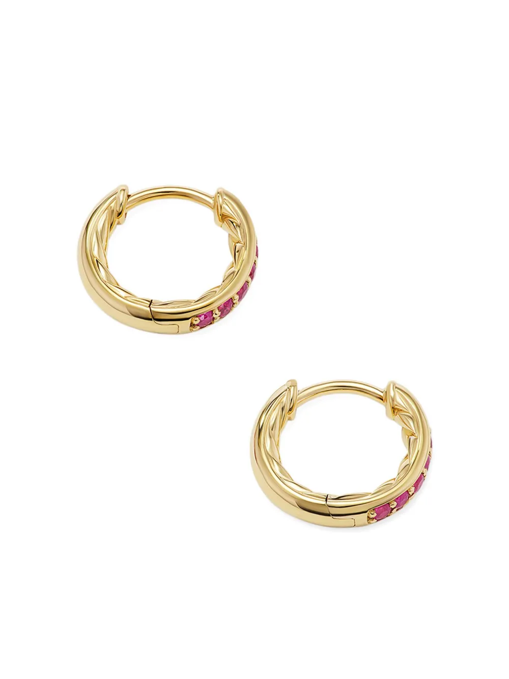 David Yurman 18kt Yellow Gold Petite Pavé Ruby Huggie Earrings, view 4