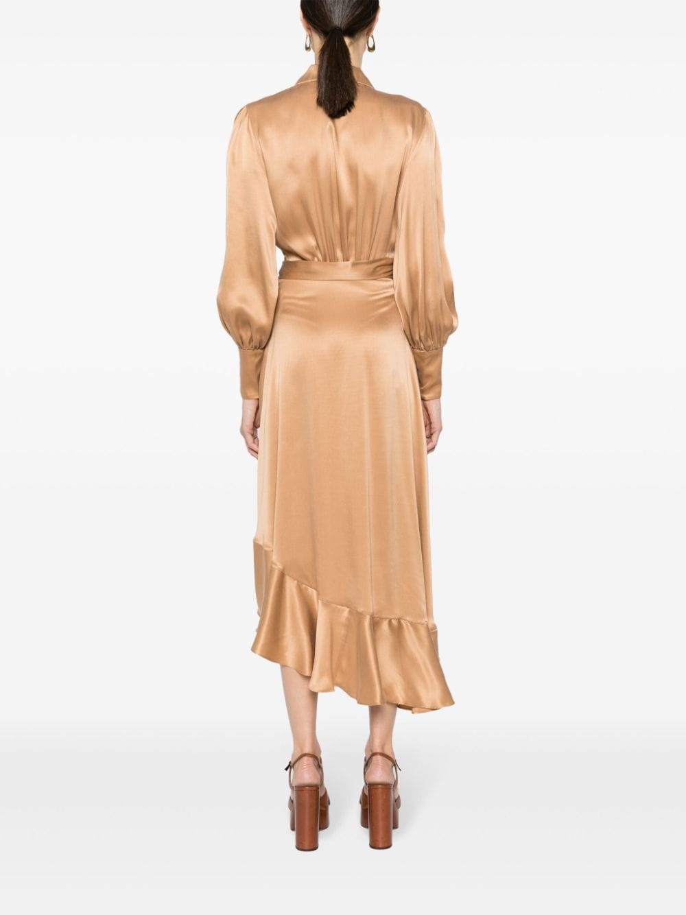 Shop Zimmermann Long-sleeve Wrap Silk Midi Dress In Neutrals