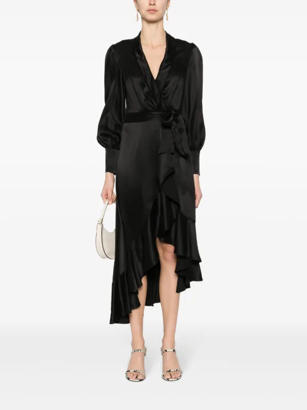 ZIMMERMANN long-sleeve Wrap Silk Midi Dress | Black | FARFETCH JO
