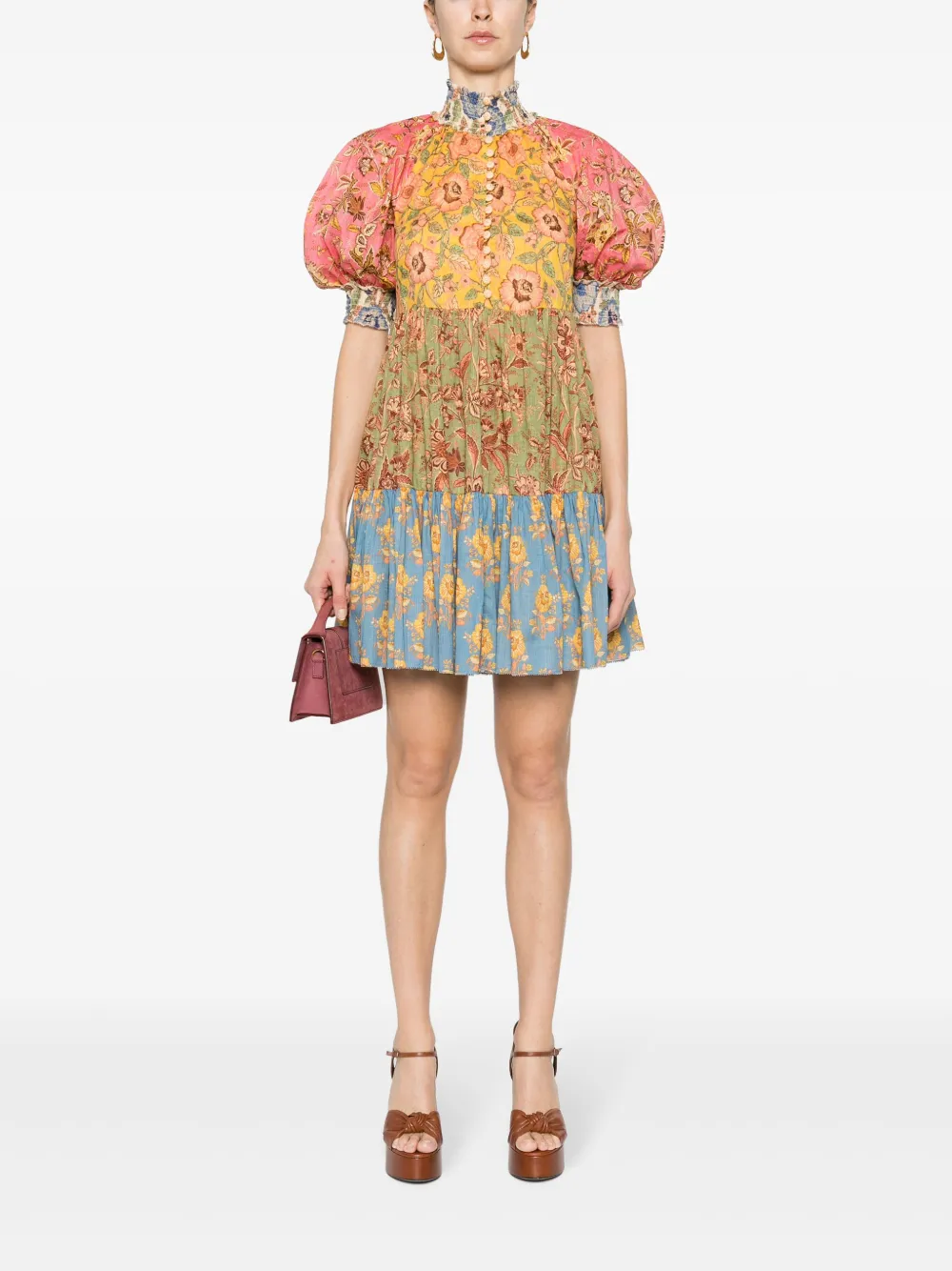 Shop Zimmermann June Lantern Floral-print Cotton Minidress In Pink