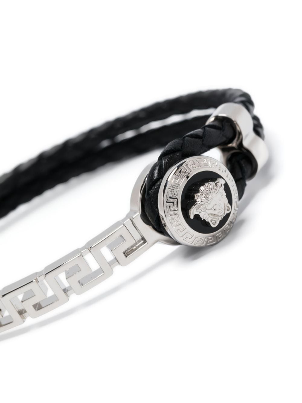 Shop Versace Greca Braided Leather Bracelet In Black