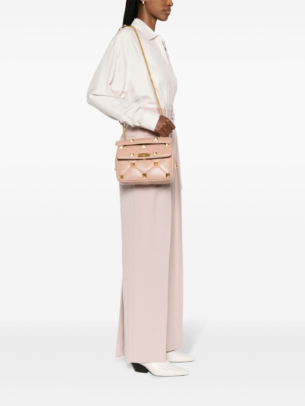 Shop Valentino Roman Stud Leather Shoulder Bag In Rosa