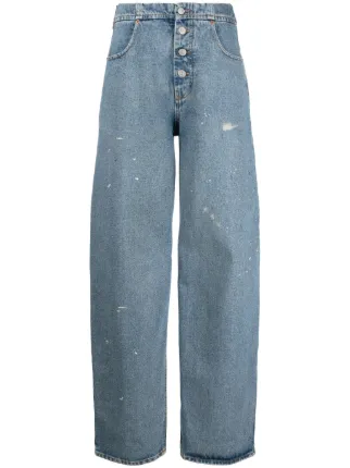 MM6 Maison Margiela Distressed high-rise Tapered Jeans | Blue | FARFETCH