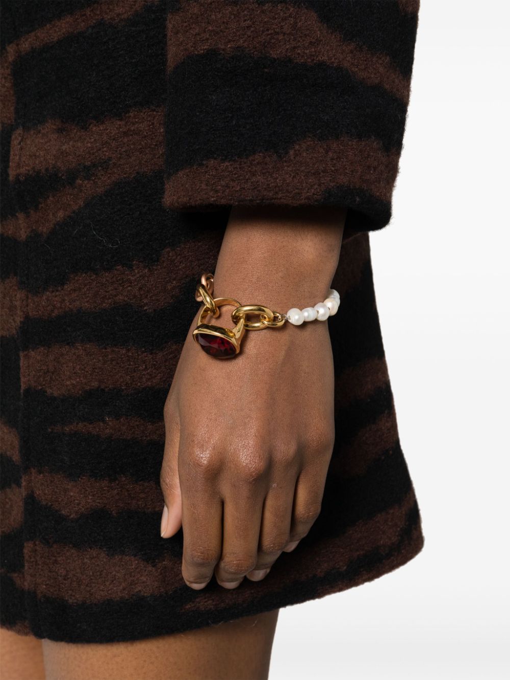 Shop Marni Ring-pendant Pearl-embellished Chain Bracelet In Gold