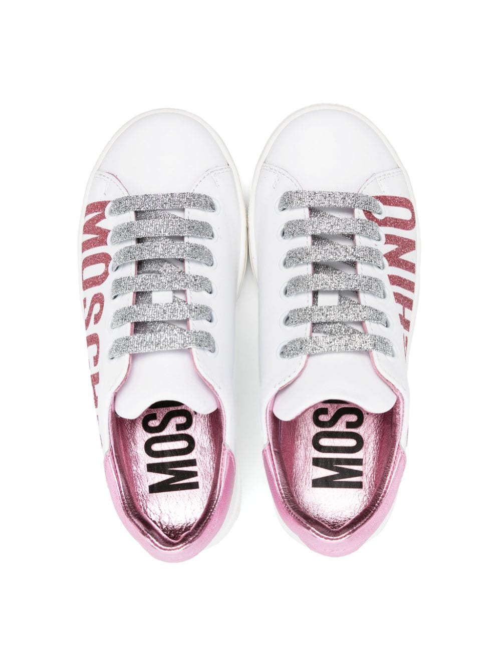 Shop Moschino Glitter-detail Leather Sneakers In White