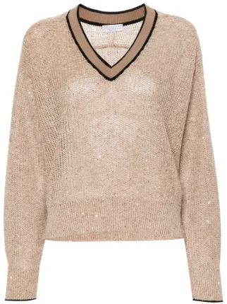 Brunello Cucinelli スパンコール Vネックセーター | ニュートラル 