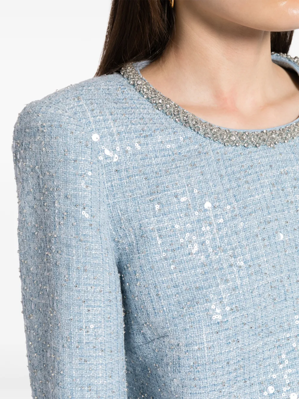 Shop Self-portrait Sequin-embellished Tweed Blouse In Blue