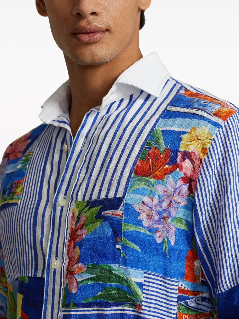 Polo Ralph Lauren Gestreept linnen overhemd met patchwork Blauw