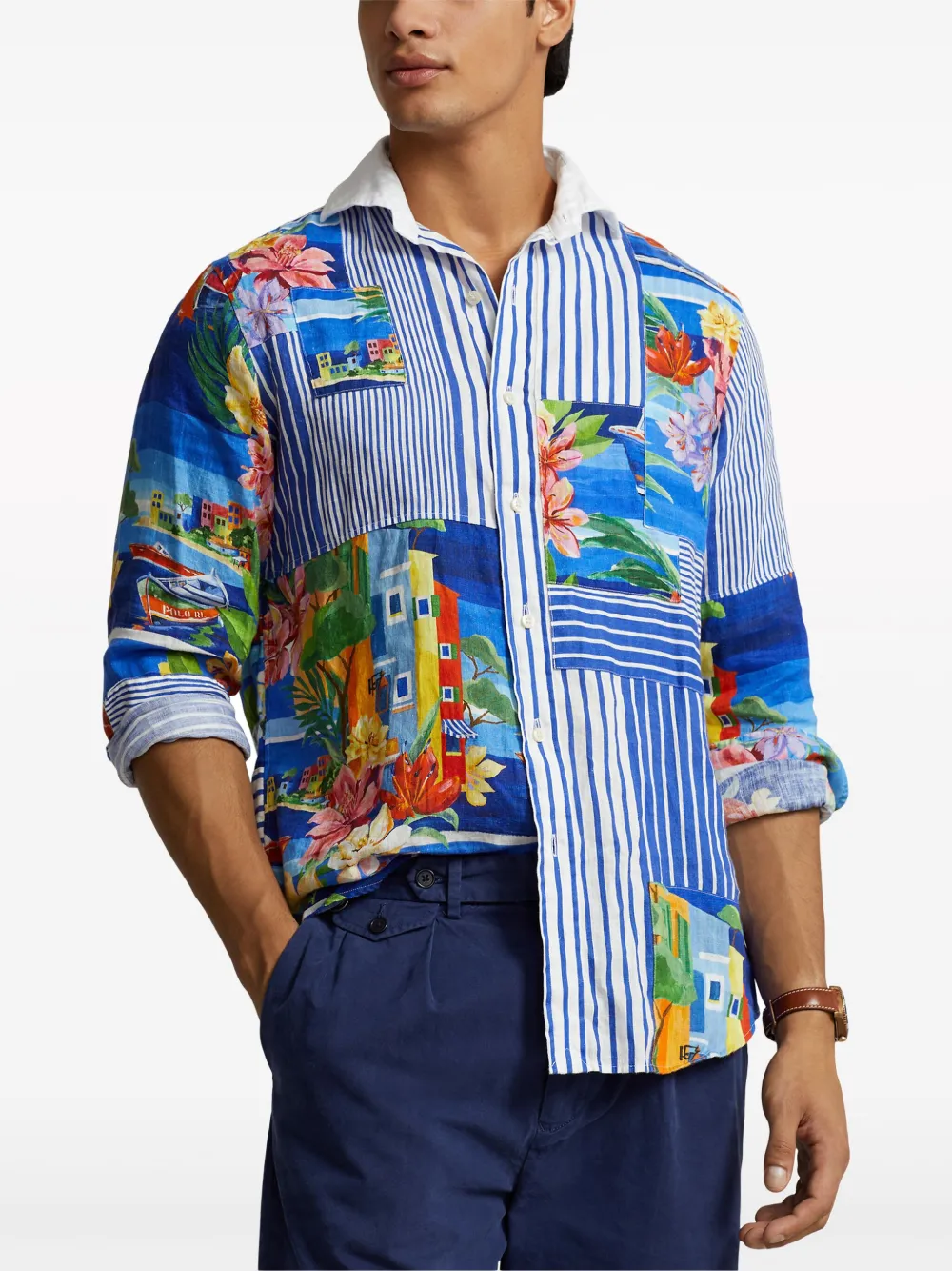 Polo Ralph Lauren Gestreept linnen overhemd met patchwork Blauw