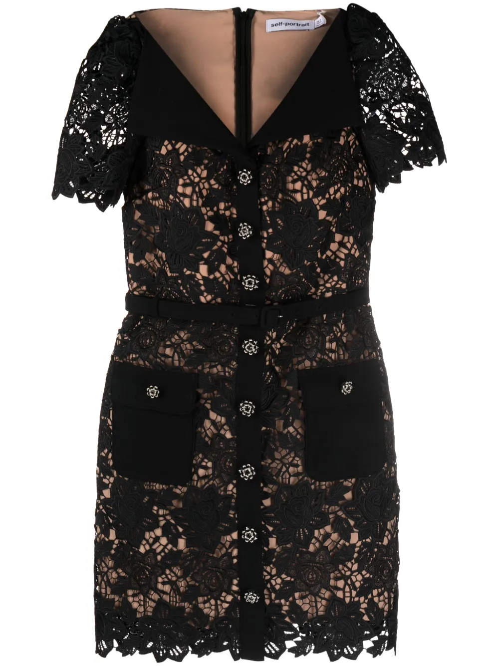 Self-Portrait broderie anglaise belted minidress Zwart