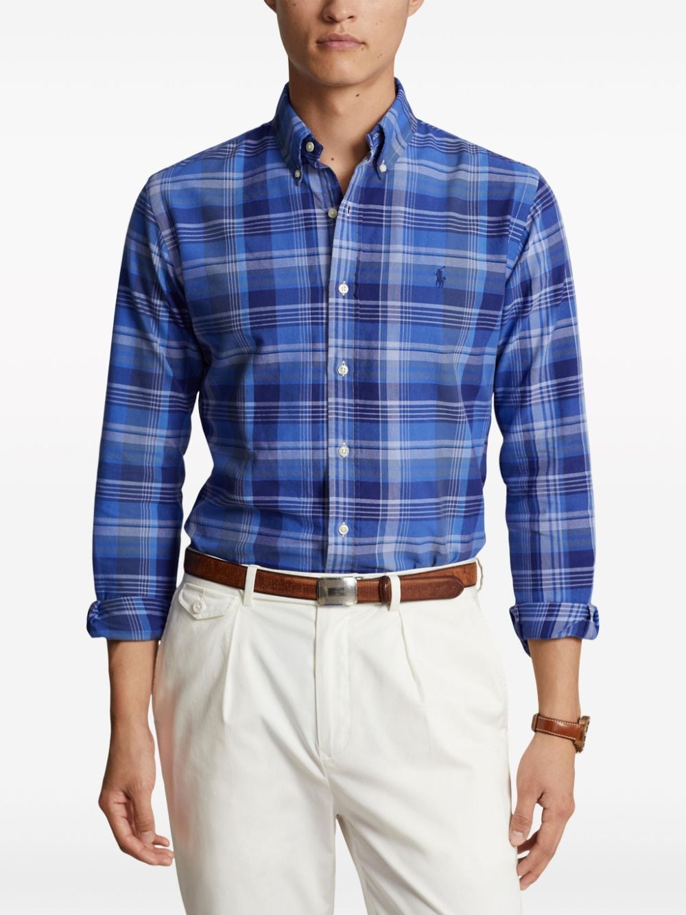 Shop Polo Ralph Lauren Oxford Plaid Cotton Shirt In Blue