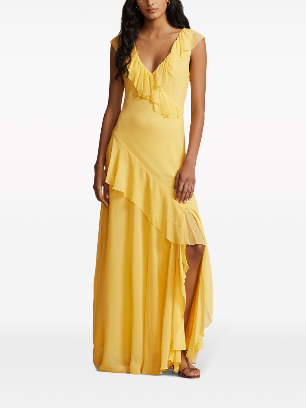 Shop Polo Ralph Lauren Ruffle-detailing Chiffon Maxi Dress In Yellow