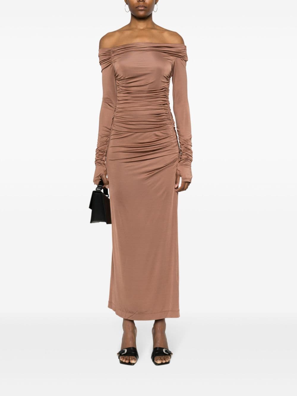 Shop Helmut Lang Off-shoulder Draped Maxi Dress In Brown
