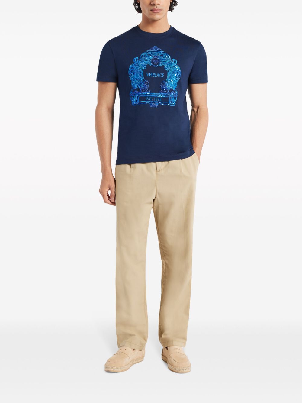 Shop Versace Cartouche Cotton T-shirt In Blue