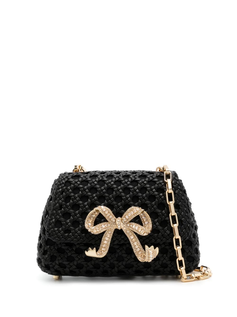 Shop Self-portrait Bow Woven Leather Bag In Black