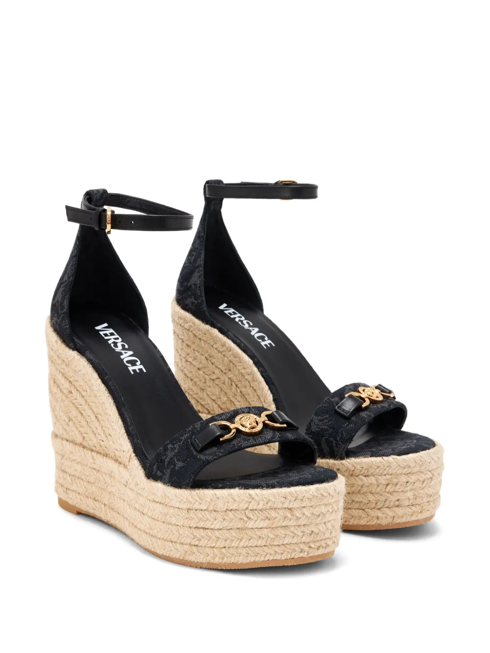 Shop Versace Medusa-plaque Raffia Wedge Sandals In Black