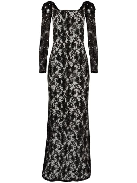 Nina Ricci bow-embellished sequinned lace gown
