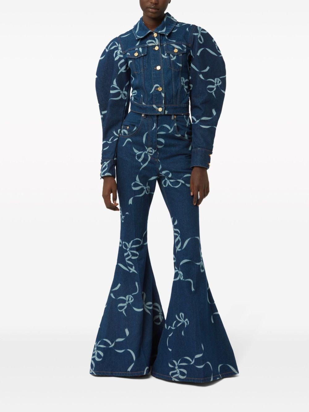 Shop Nina Ricci Graphic-print Long-length Flared Trousers In Blue