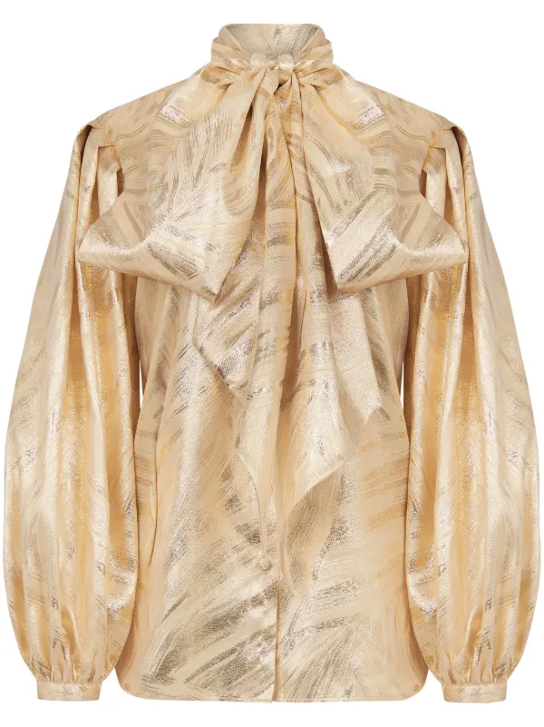 Nina Ricci Pussy-bow Foiled Blouse in Gold