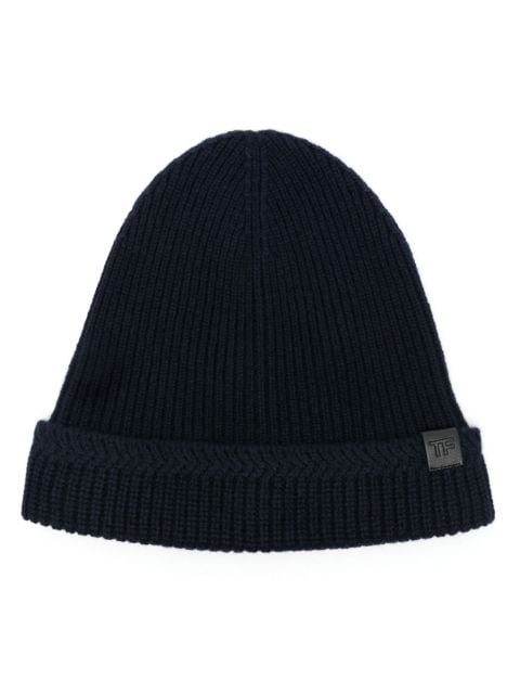 TOM FORD logo-patch ribbed-knit beanie