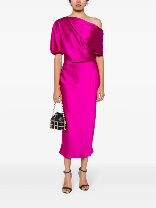 Amsale off-shoulder Draped Midi Dress | Purple | FARFETCH Amsale off-shoulder Draped Midi Dress | Purple | FARFETCH