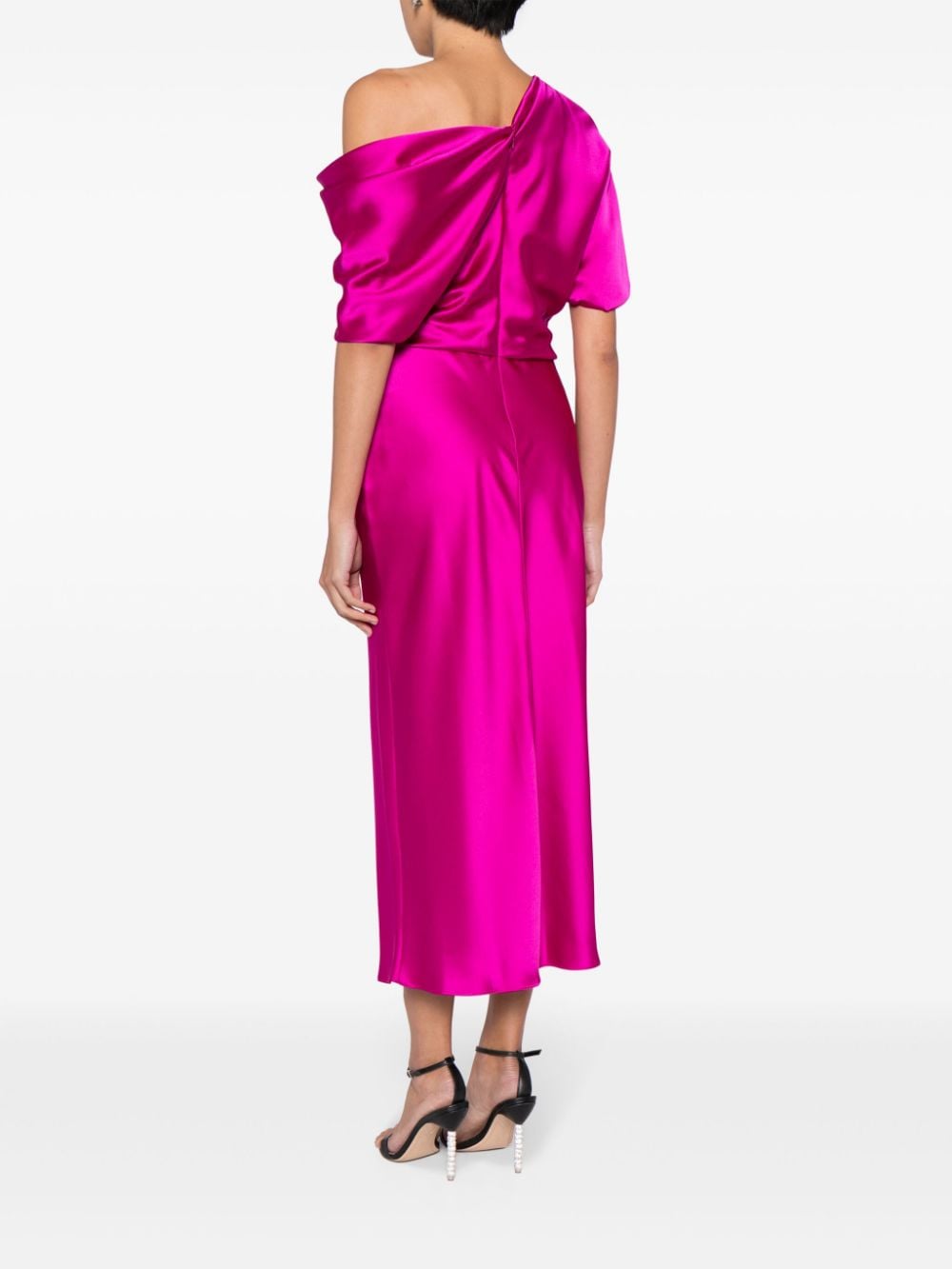 Shop Amsale Off-shoulder Draped Midi Dress In Purple