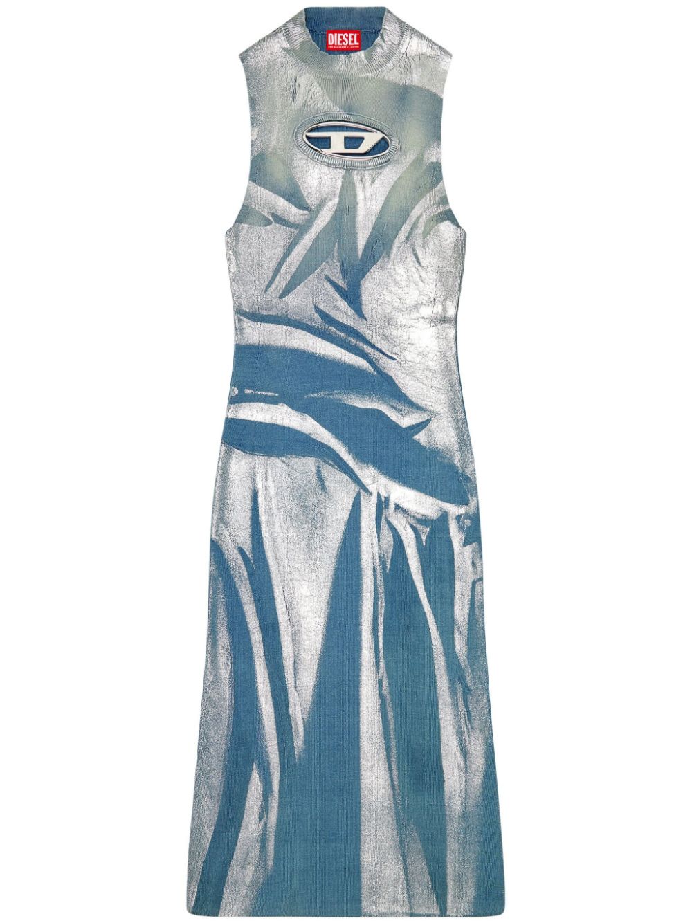 Diesel Abstract-print Ribbed-knit Midi Dress In Blue