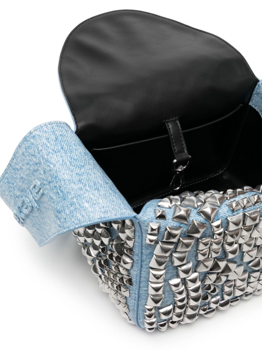 Shop Alexander Wang Pyramid-studded Denim-effect Flap Shoulder Bag In Silver