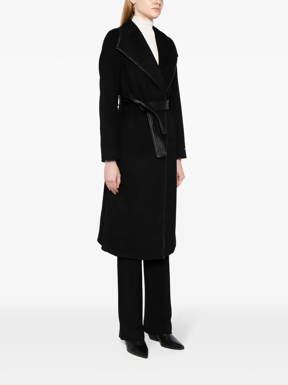  Tahari Faux Leather-trim Belted Coat - Black 