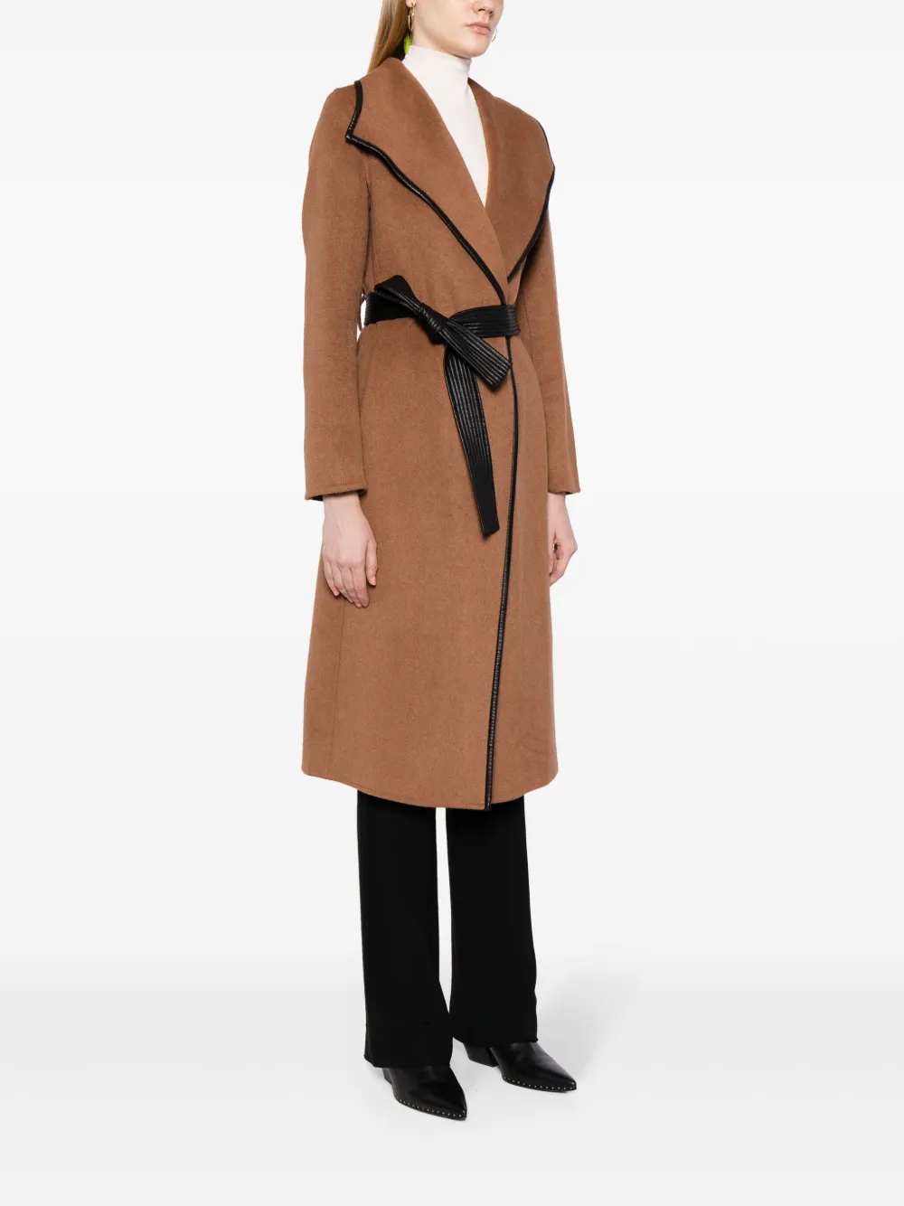  Tahari Faux Leather-trim Belted Coat - Brown 