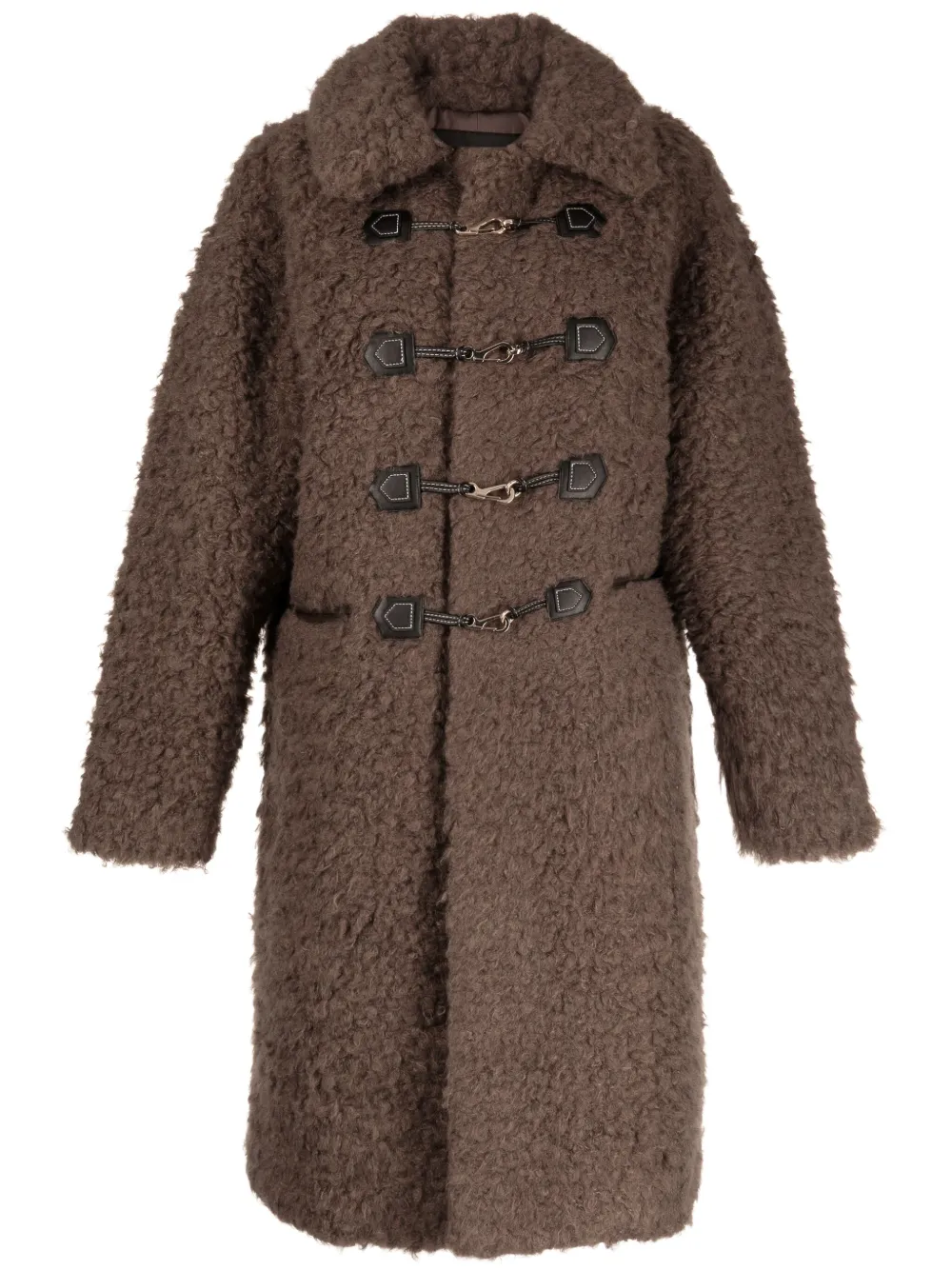 hook-fastening shearling coat