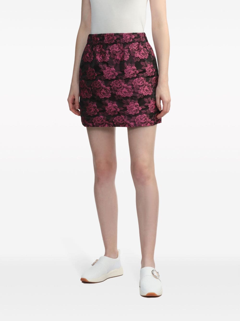 Shop Ganni Floral-motif Patterned-jacquard Miniskirt In Pink
