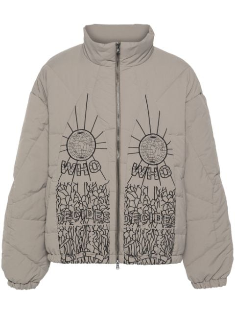 Who Decides War embroidered zip-up bomber jacket