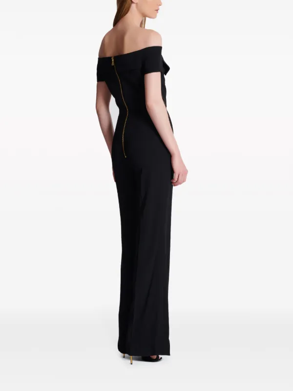 【関税＆送料込み】Balmain Off-Shoulders Flare Crepe Jumpsu Balmain off-shoulder Flared Jumpsuit | Black | FARFETCH