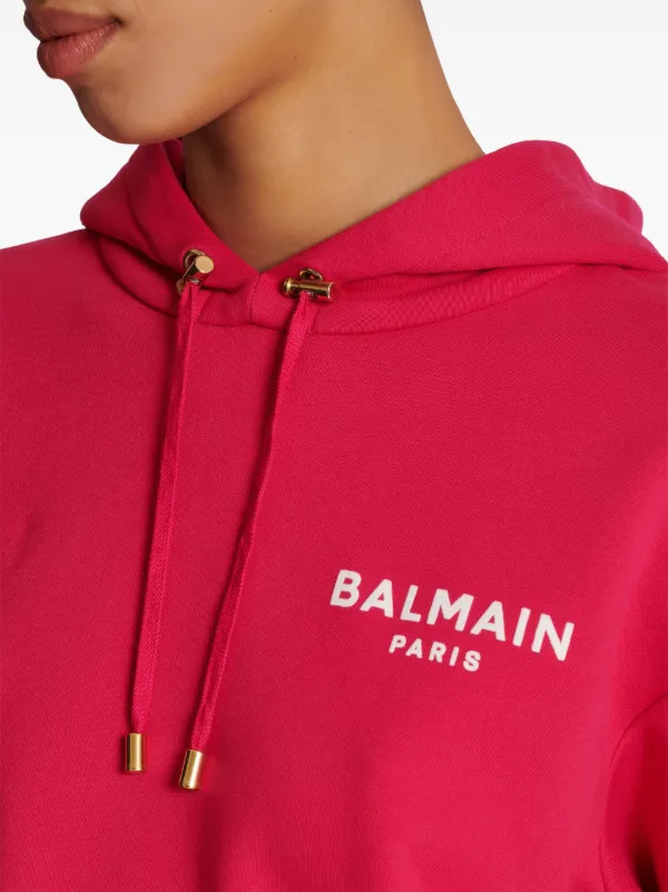 ★BALMAIN★ロゴ プリント フード Balmain logo-flocked Cropped Hoodie | Pink | FARFETCH