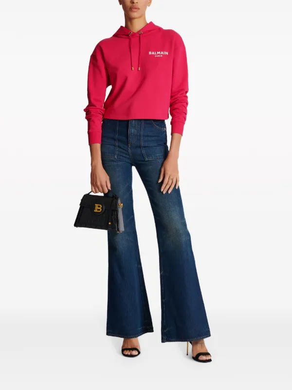 Balmain logo-flocked Cropped Hoodie | Pink | FARFETCH